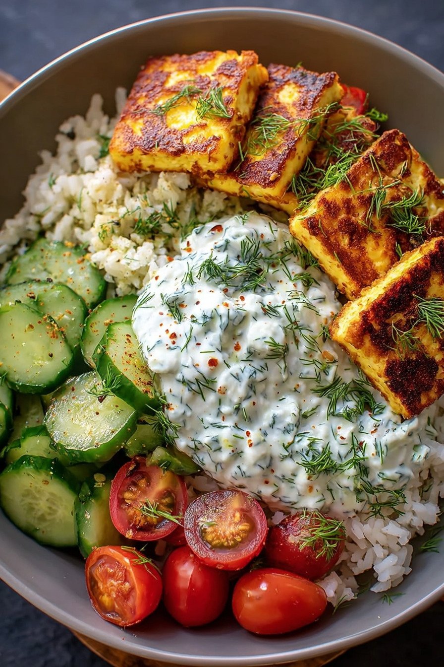 Halloumi Bowl mit Reis und Tzatziki – frisch, sättigend und ausgewogen final result