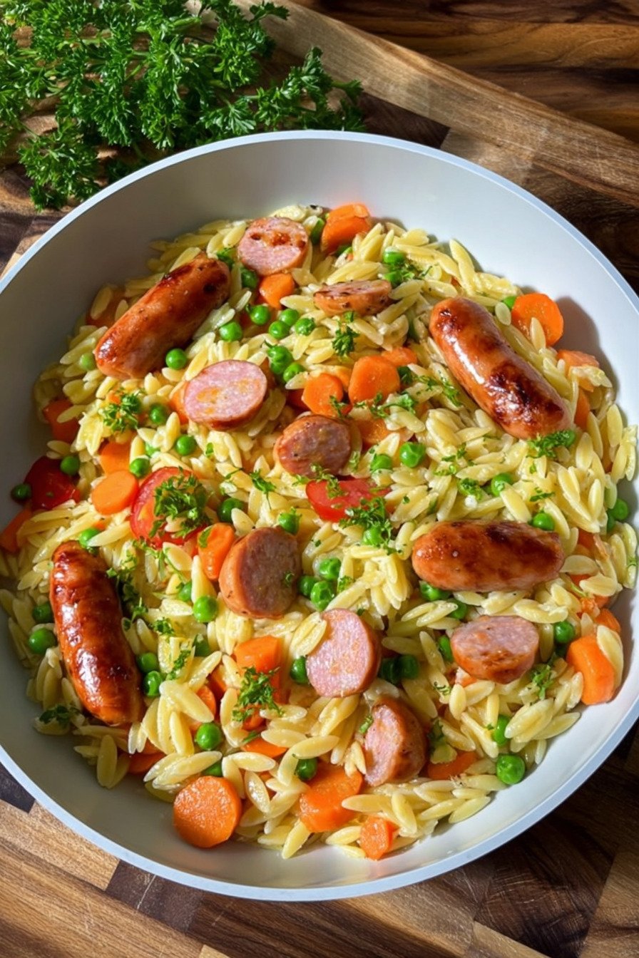 Kritharaki Pfanne mit Würstchen – cremige One-Pan-Pasta für den Alltag final result