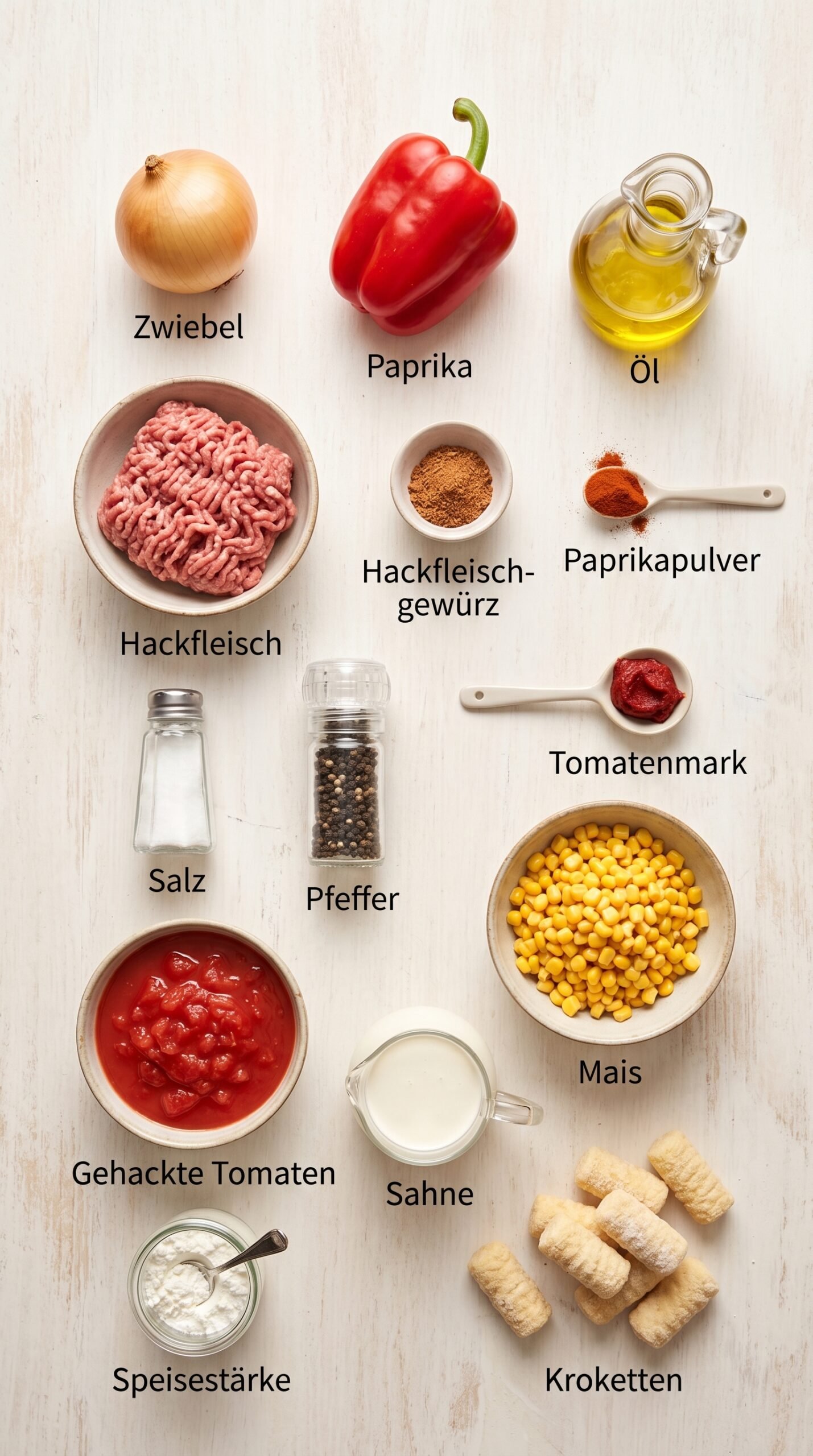 Kroketten-Hack-Auflauf mit cremiger Tomaten-Hackfleischsauce recipe ingredients