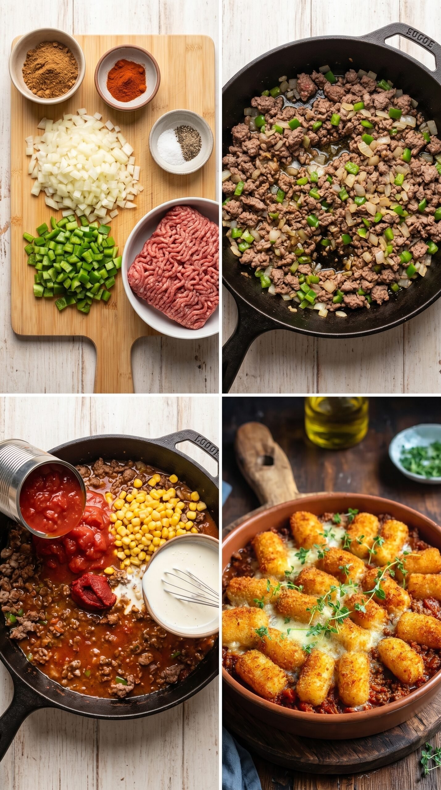 Kroketten-Hack-Auflauf mit cremiger Tomaten-Hackfleischsauce recipe instructions