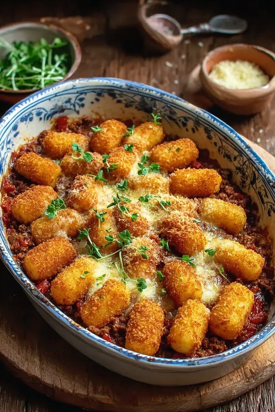 Kroketten-Hack-Auflauf mit cremiger Tomaten-Hackfleischsauce final result