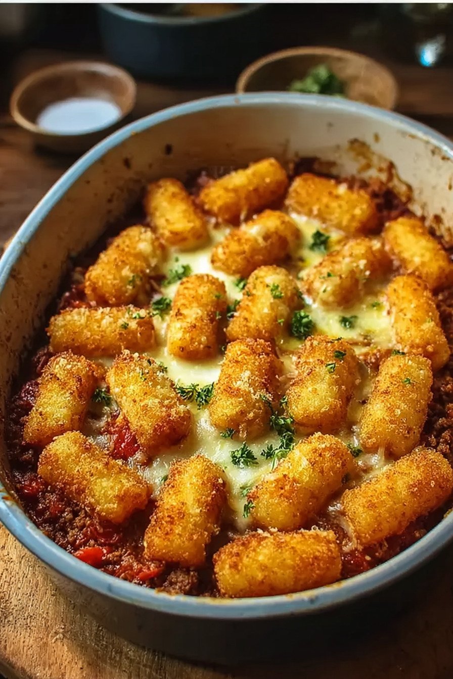 Kroketten-Hack-Auflauf mit cremiger Tomaten-Hackfleischsauce extra recipe photo