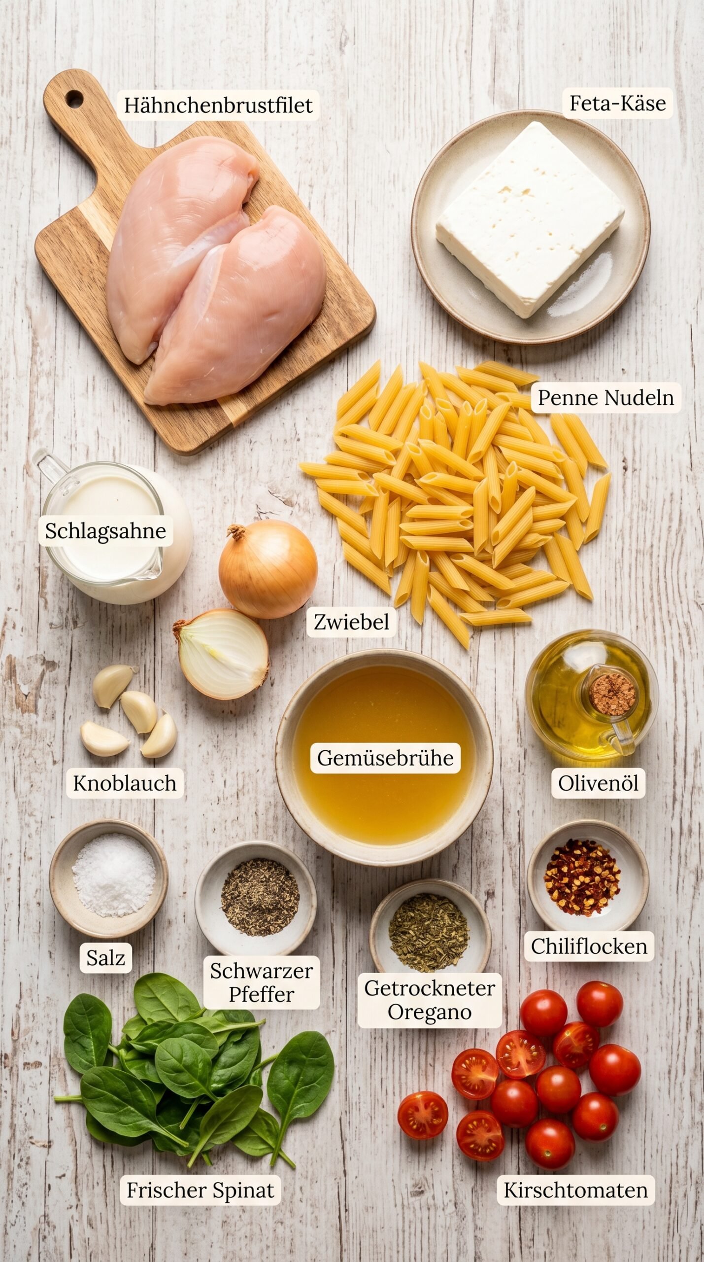 Cremige Hähnchen Feta Pasta mit Spinat und Kirschtomaten recipe ingredients