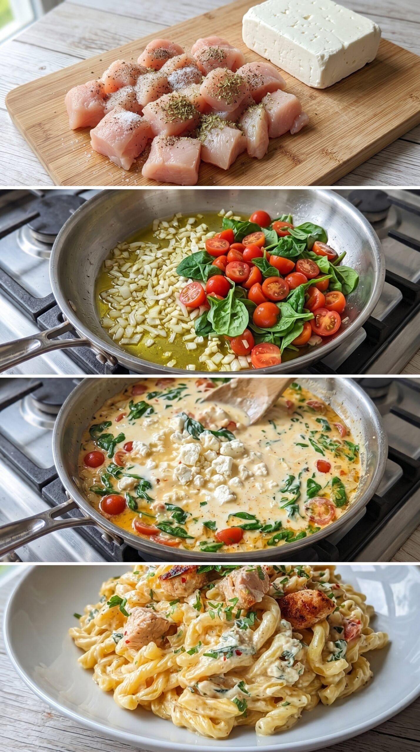 Cremige Hähnchen Feta Pasta mit Spinat und Kirschtomaten recipe instructions